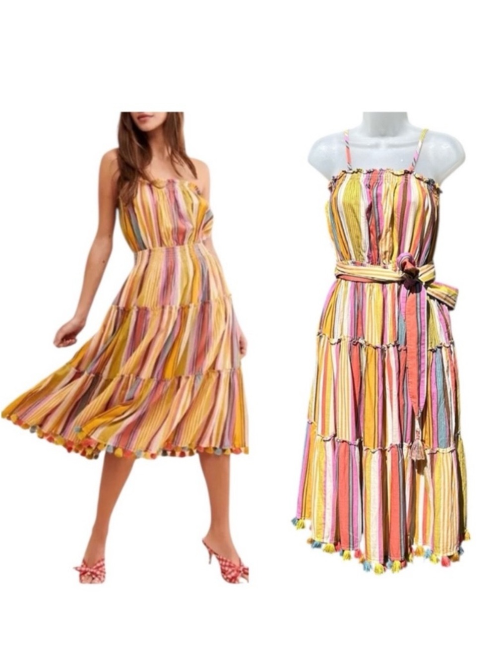 ANTHROPOLOGIE Women M Feliza Multi Stripes Sleeveless Pockets Tiered Midi Dress.